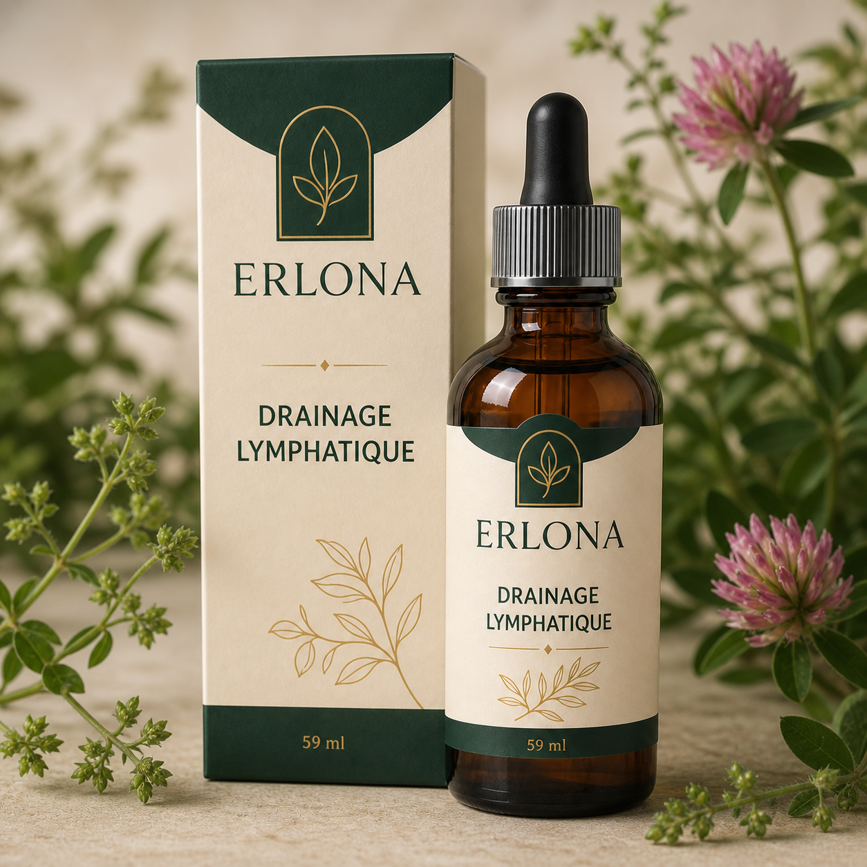 Flacon Erlona entouré de plantes botaniques