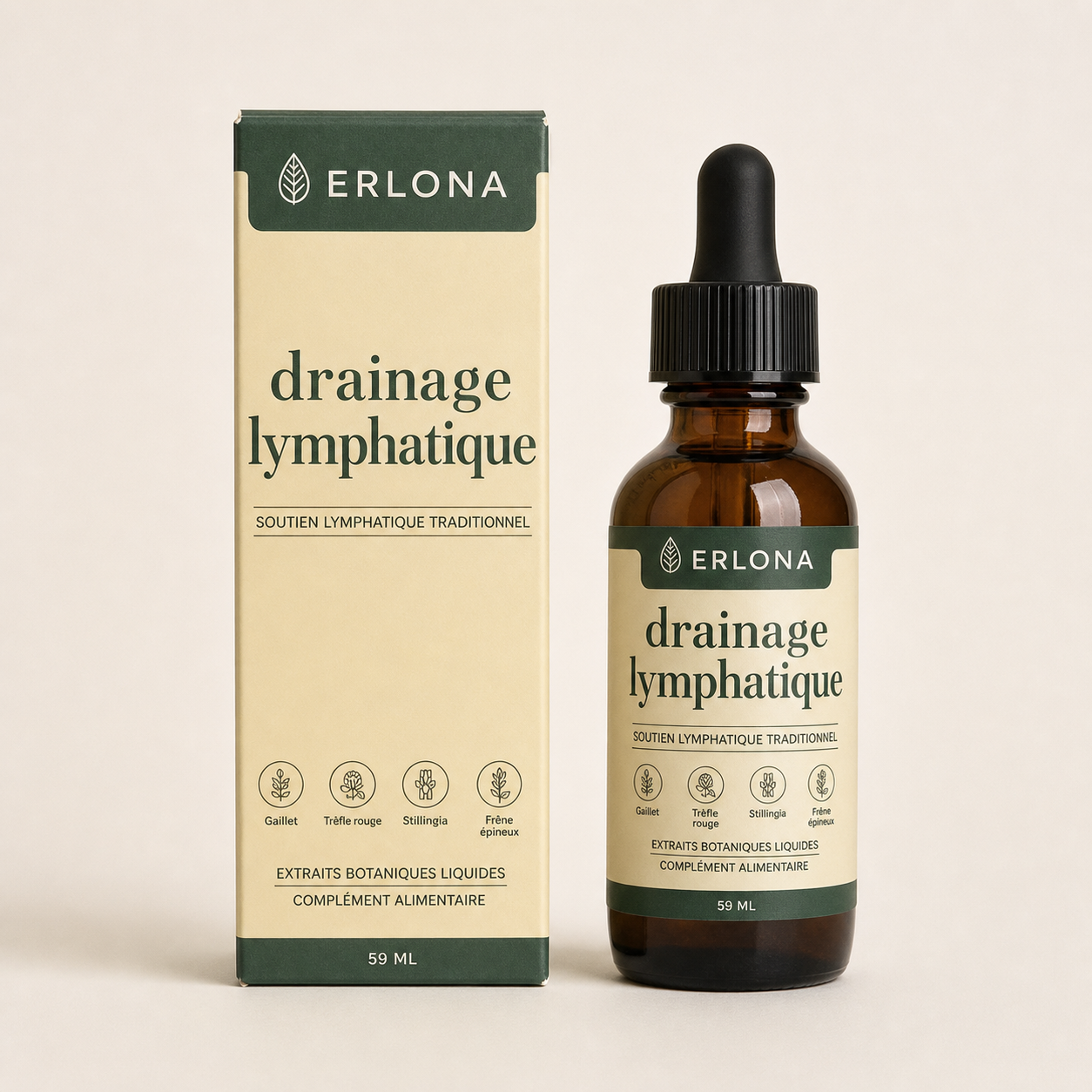 Flacon ambré Erlona 59 ml et étui crème vert forêt, format fidèle au produit